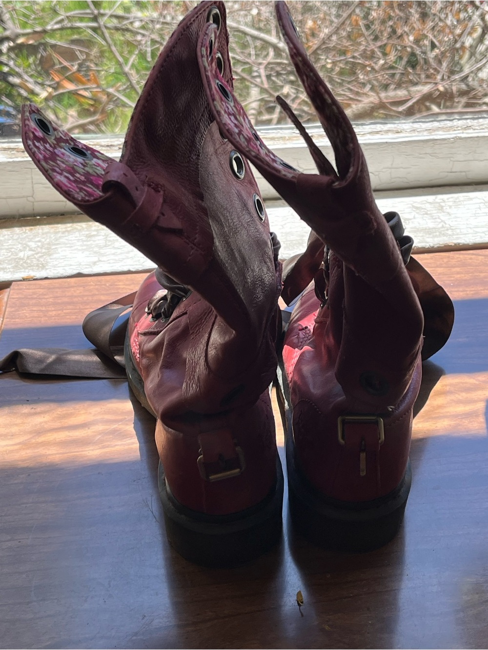 Dr. Martens Triumph 1914 Red Leather Floral Lined Mid-Calf Combat Boots - Picture 3 of 5
